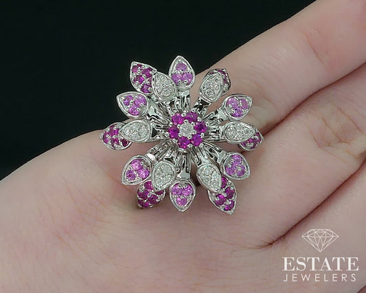 18k White Gold Natural Sapphire & Diamond Articulated Flower Ring 17g i17770