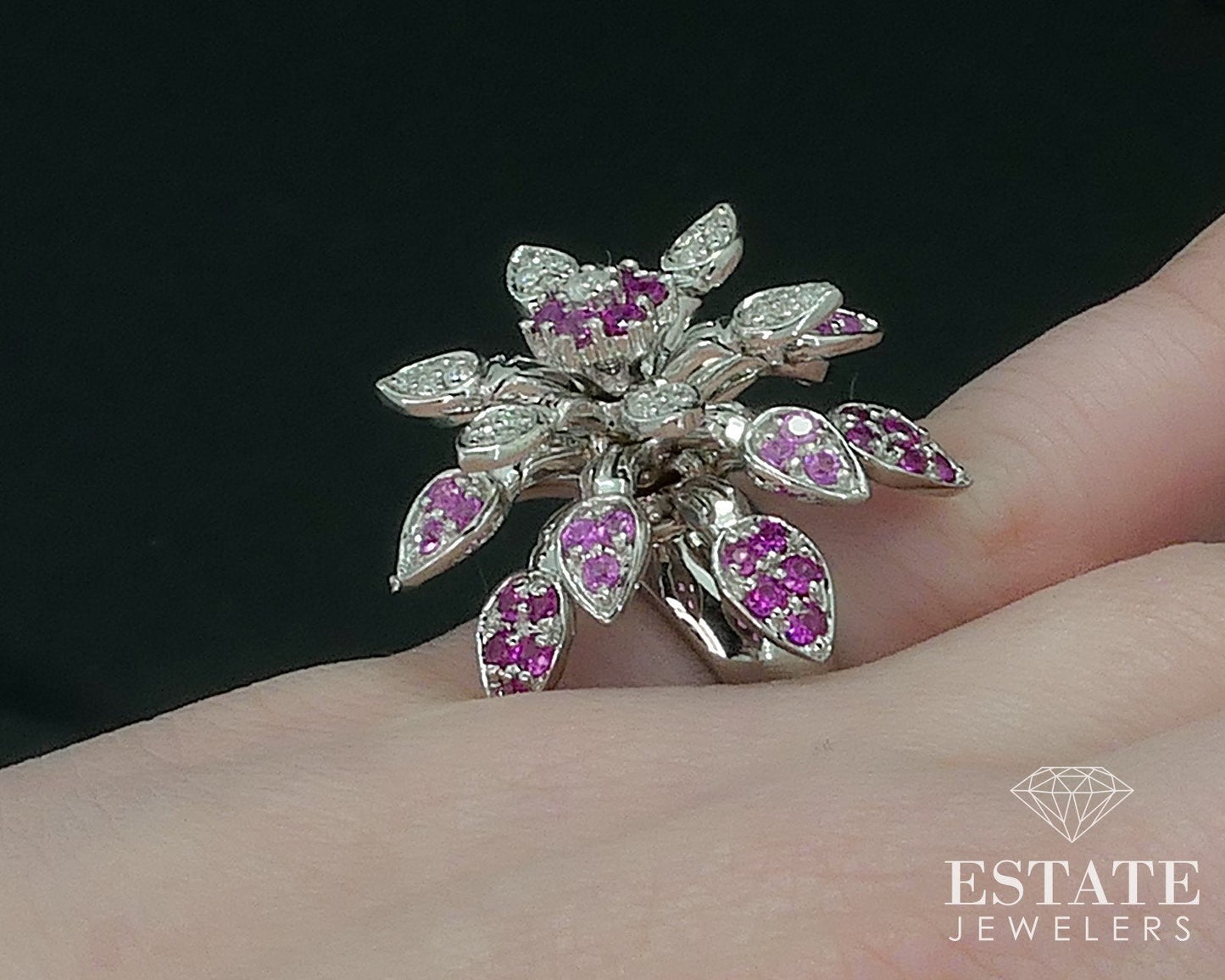 18k White Gold Natural Sapphire & Diamond Articulated Flower Ring 17g i17770