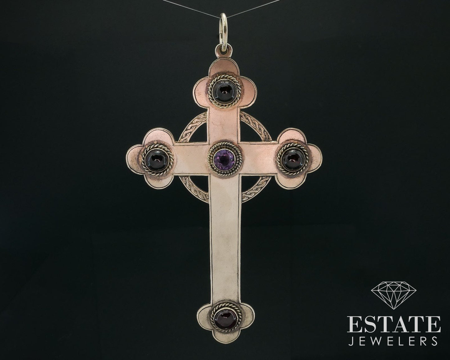 Antique 9k Yellow Gold Amethyst & Garnet Egan & Son Celtic Cross 80.7g i17768