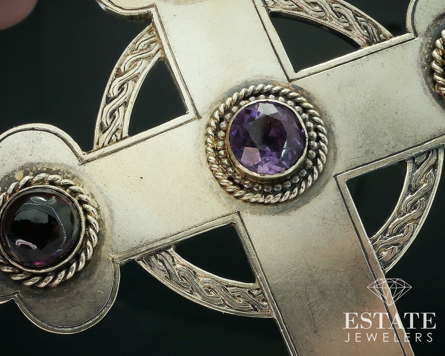 Antique 9k Yellow Gold Amethyst & Garnet Egan & Son Celtic Cross 80.7g i17768