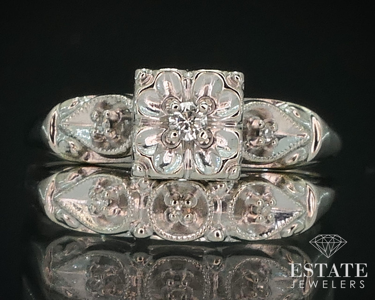 Vintage 14k White Gold Round Natural .10ctw Diamond Wedding Set 4.3g i17801b