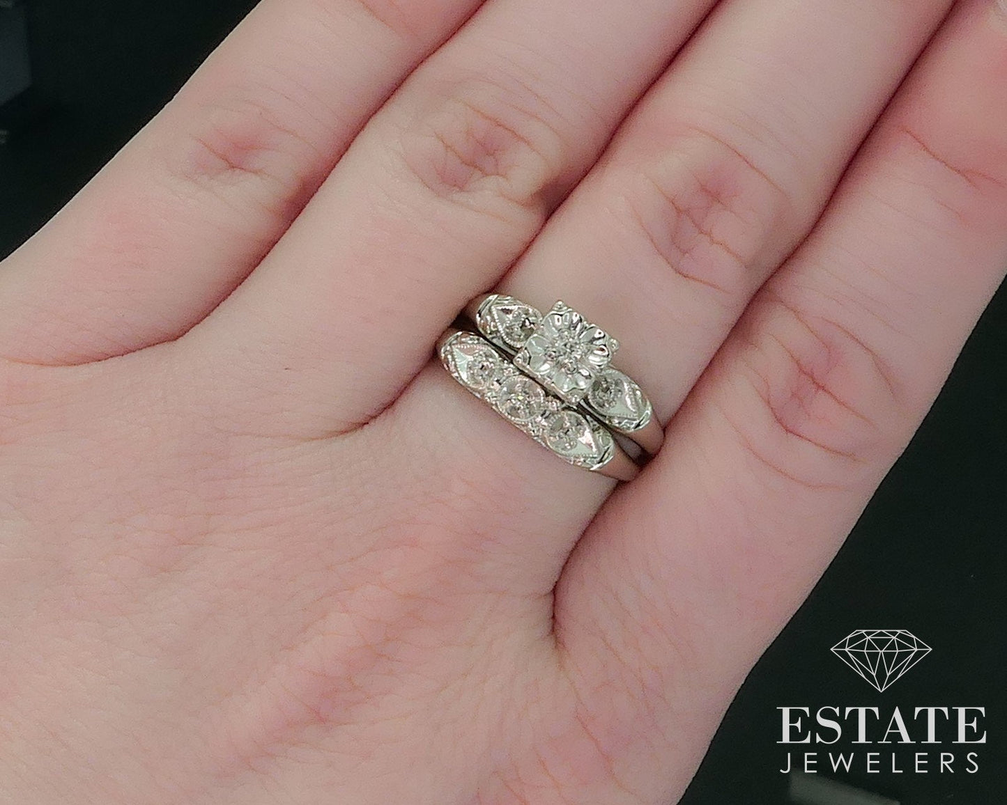 Vintage 14k White Gold Round Natural .10ctw Diamond Wedding Set 4.3g i17801b