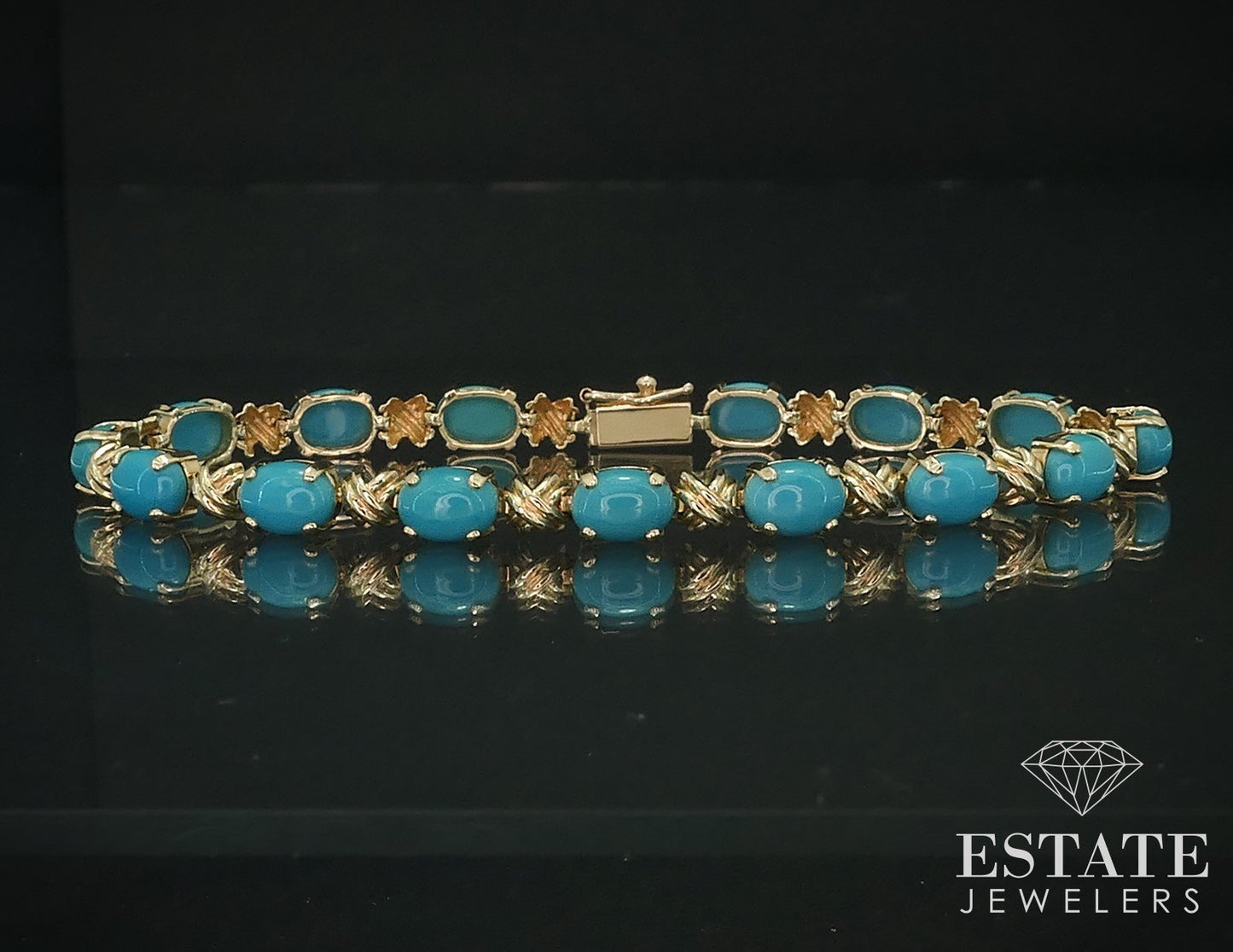 14k Yellow Gold Natural Turquoise XOXO Tennis Bracelet 9.6g 7.25"L i17783