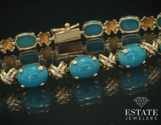 14k Yellow Gold Natural Turquoise XOXO Tennis Bracelet 9.6g 7.25"L i17783