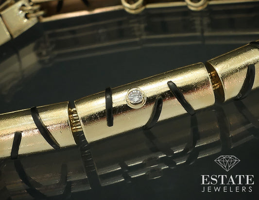 14k Yellow Gold Black Onyx & Diamond Barrel Artisan Bracelet 27.9g 7"L i17777
