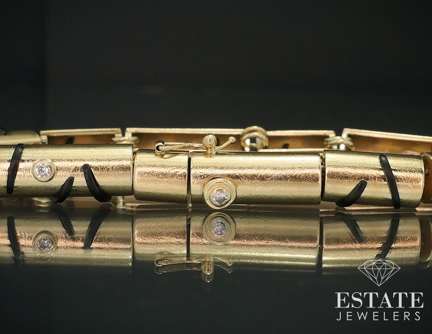 14k Yellow Gold Black Onyx & Diamond Barrel Artisan Bracelet 27.9g 7"L i17777