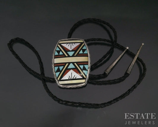 Vintage Sterling Booqua Zuni Natural Multi Gem Inlay Bolo Tie 48g i17918