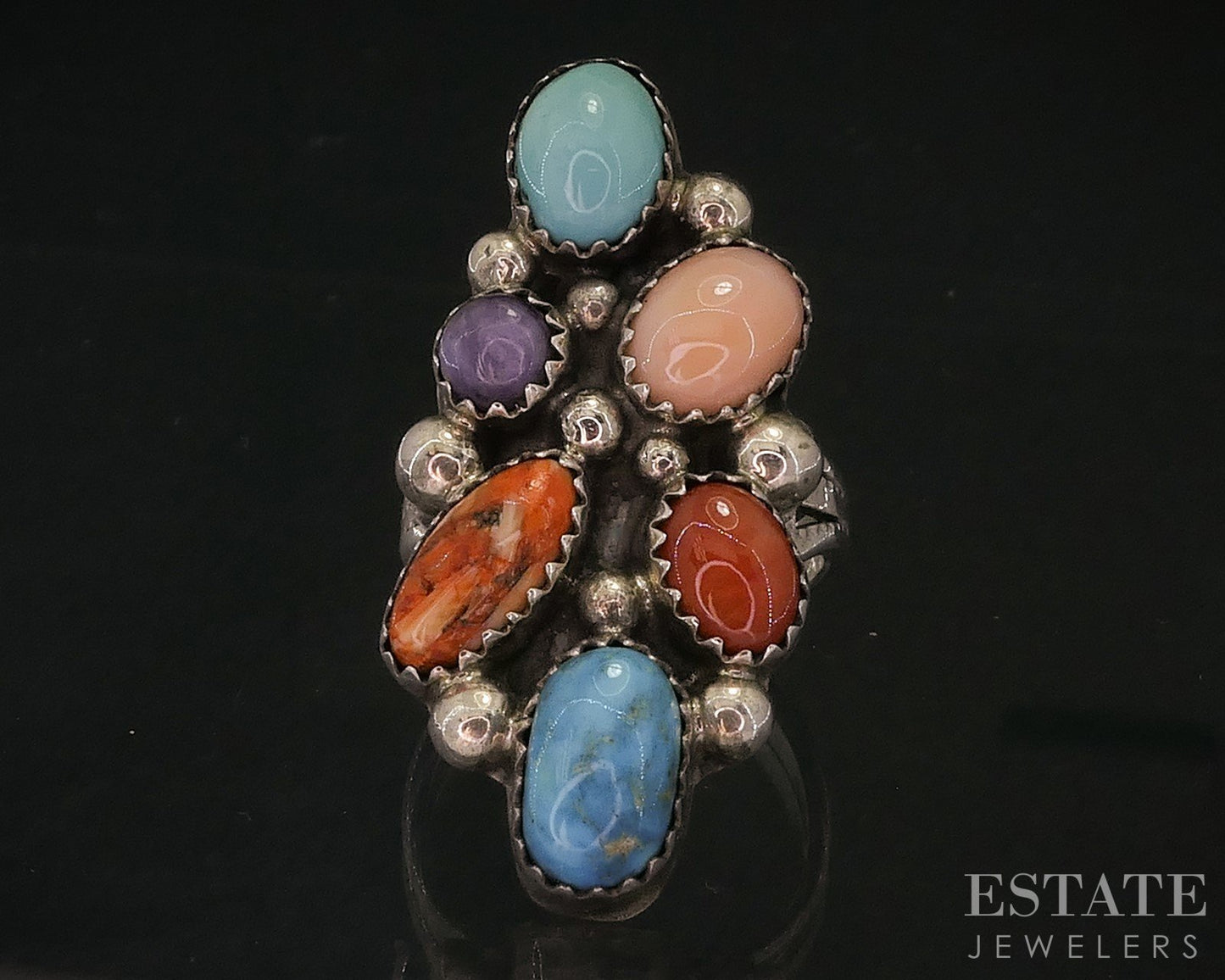 Vintage Sterling Natural Multi Gem Navajo Running Bear Ladies Ring 9g i17917