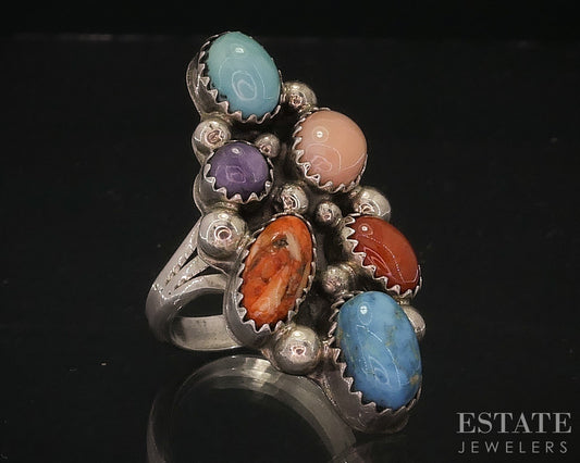 Vintage Sterling Natural Multi Gem Navajo Running Bear Ladies Ring 9g i17917