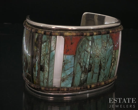Vintage Sterling Turquoise, MOP & Coral Navajo Large Cuff Bracelet 119g i17914