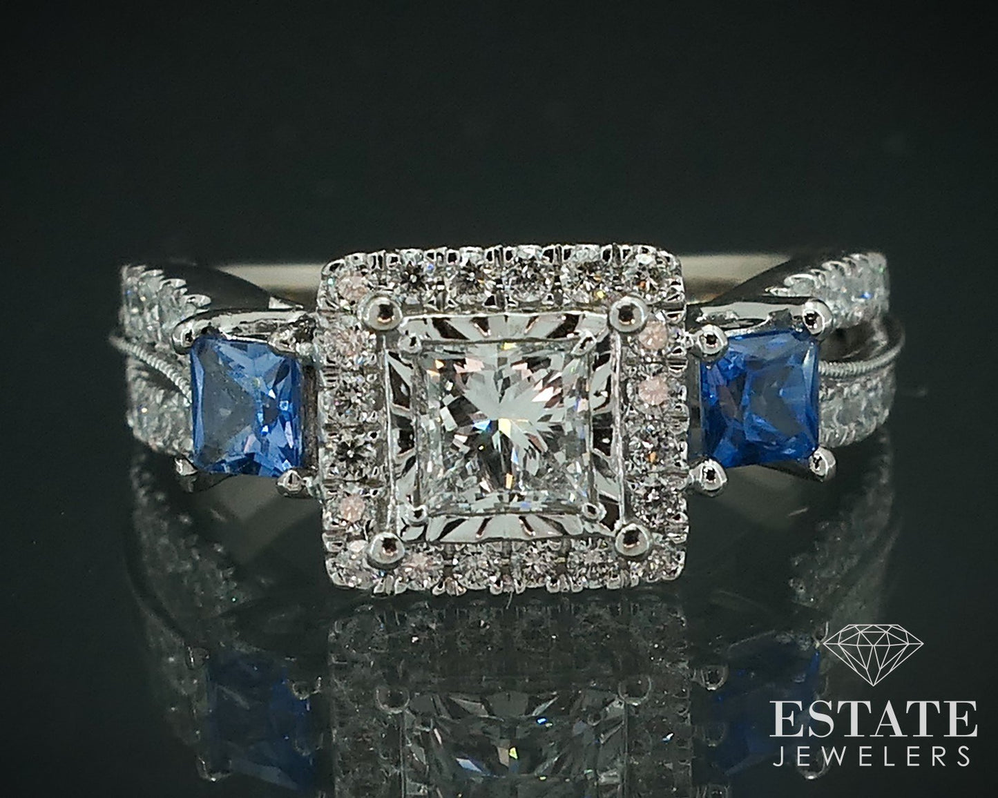 14k White Gold Natural .93ctw Diamond Sapphire Halo Engagement Ring 4.6g i17907