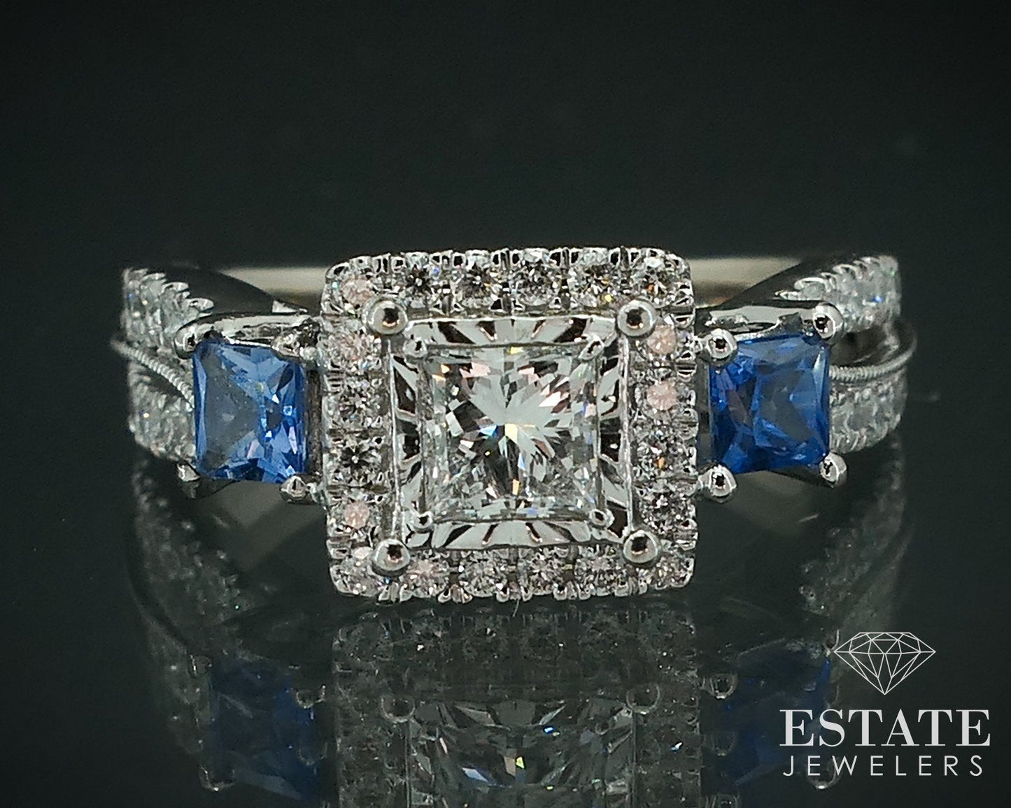 14k White Gold Natural .93ctw Diamond Sapphire Halo Engagement Ring 4.6g i17907
