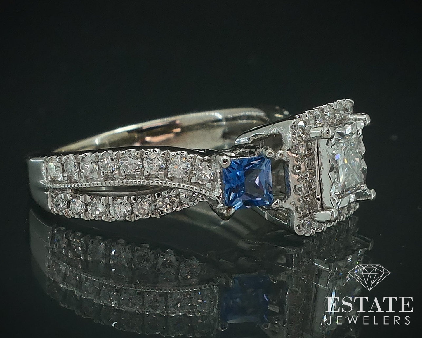 14k White Gold Natural .93ctw Diamond Sapphire Halo Engagement Ring 4.6g i17907