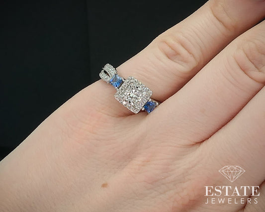 14k White Gold Natural .93ctw Diamond Sapphire Halo Engagement Ring 4.6g i17907