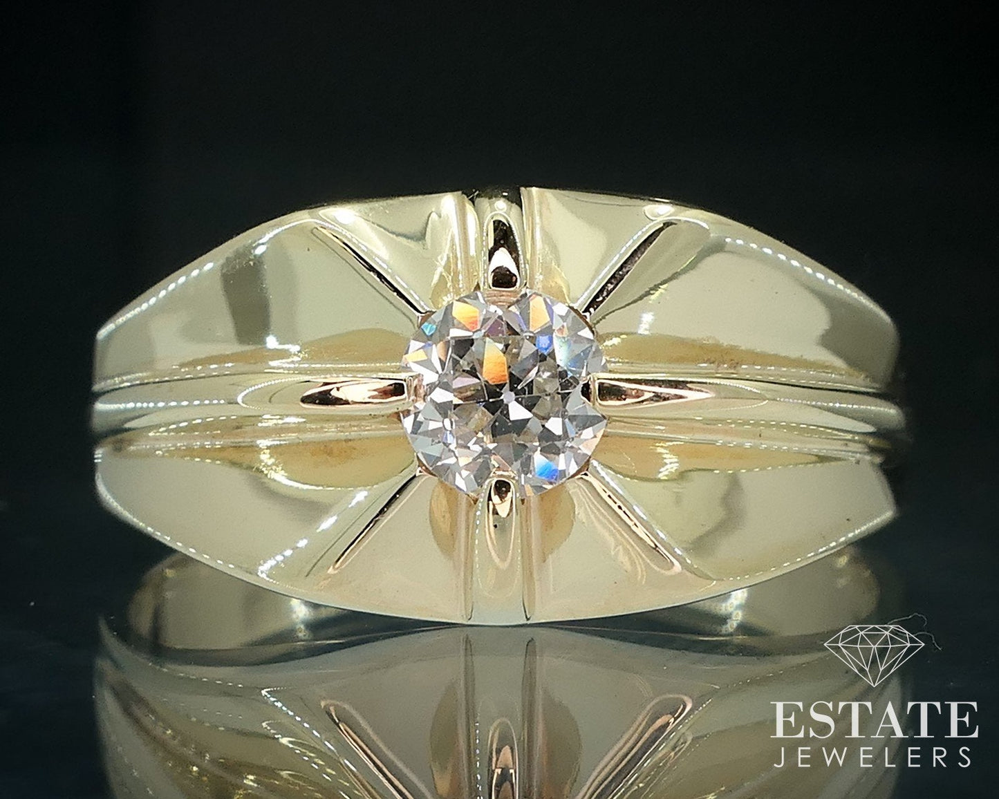 14k Yellow Gold European Natural .60ct Diamond Mens Belcher Ring 8.2g i17906