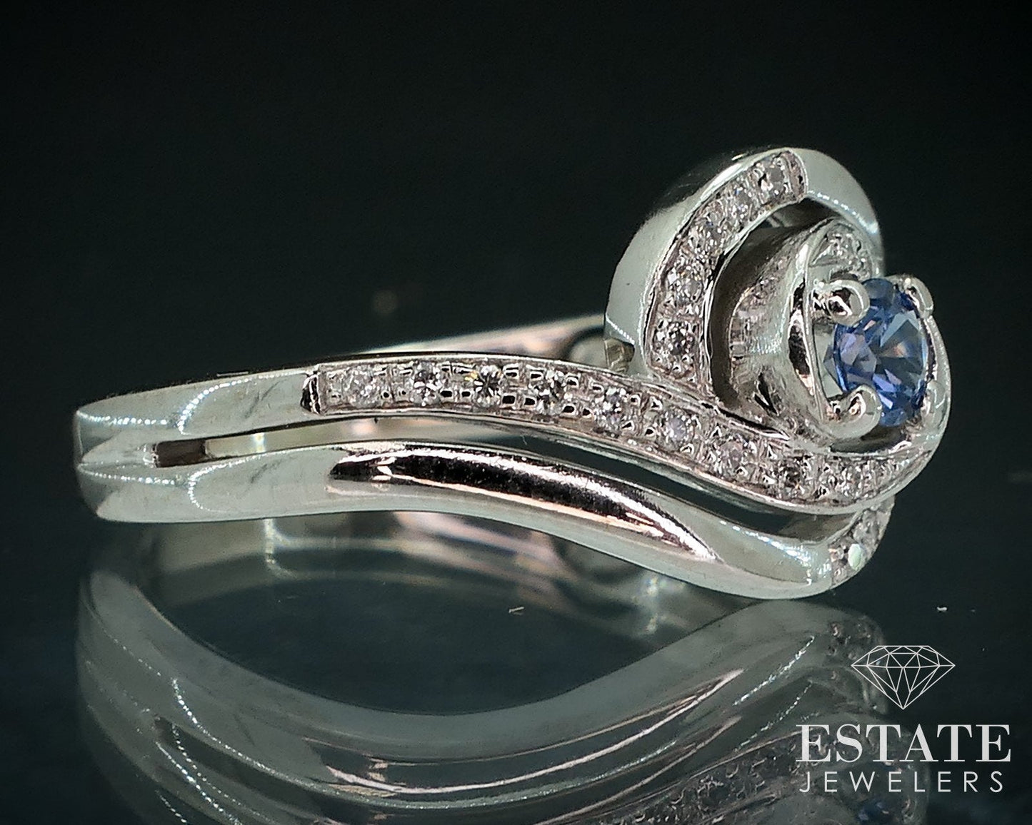 10k White Gold Natural Blue Sapphire & Diamond Swirl Engagement Ring 4.4g i17905