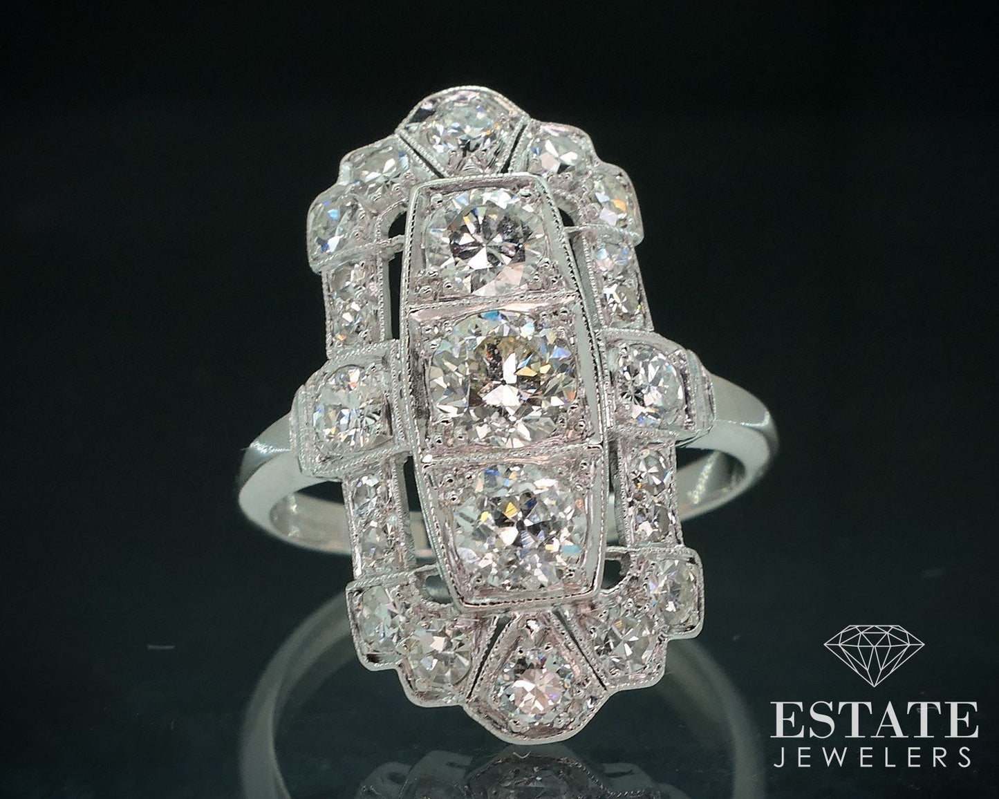 Antique Edwardian Platinum Natural 1ctw Diamond Filigree Shield Ring 5.4g i17892