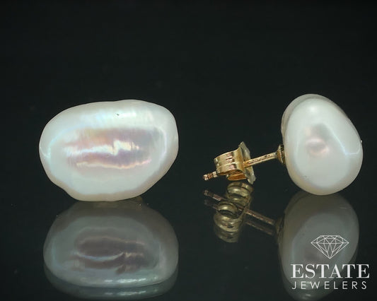 14k Yellow Gold 13mm Freeform Freshwater Pearl Stud Earrings 3.7g p75344