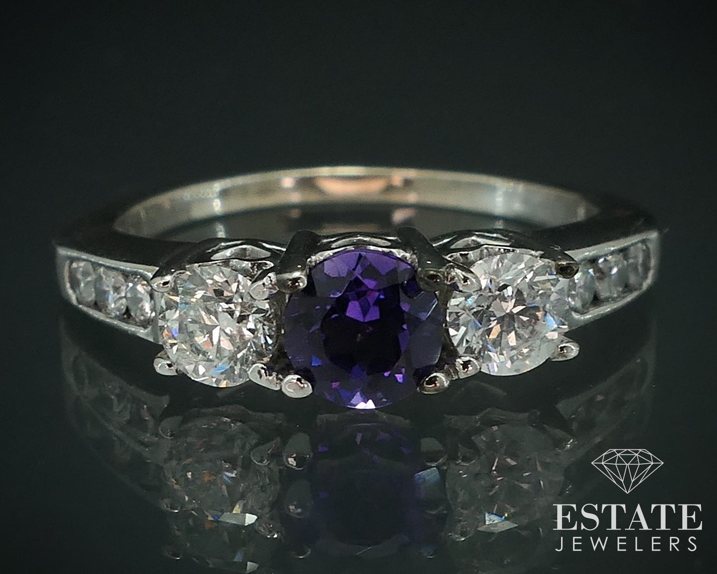 14k White Gold Round Natural Amethyst & Diamond Engagement Ring 3g i17903