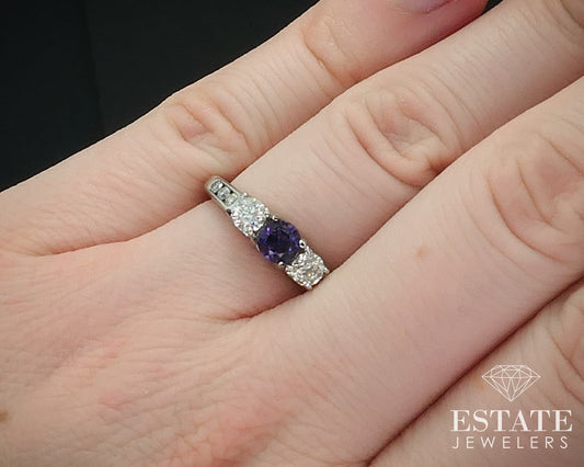14k White Gold Round Natural Amethyst & Diamond Engagement Ring 3g i17903