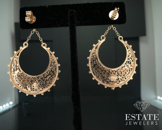 Vintage 14k Yellow Gold Filigree Hoop Dangle Ladies Earrings 9.8g i17896
