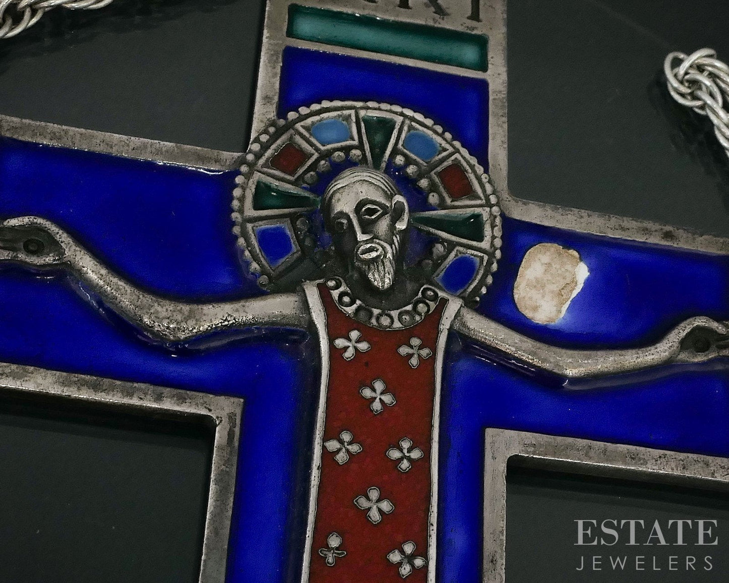 Antique Sterling Jesus of Nazareth Enameled Crucifix Cross Necklace 155g i17900