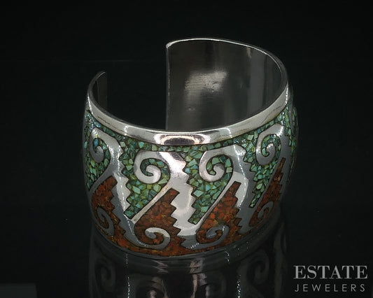 Sterling Turquoise & Coral Navajo Emerson Kinzel Cuff Bracelet 97g i18020