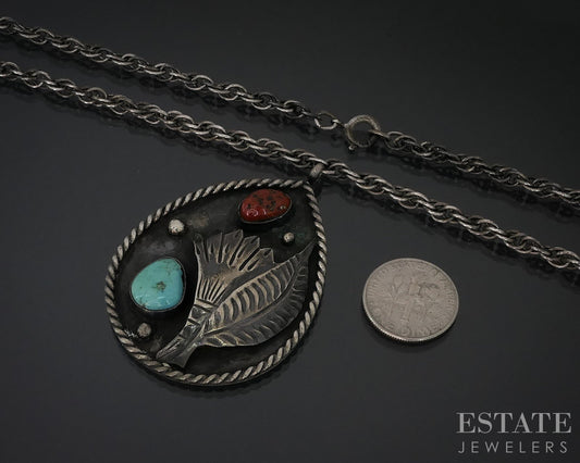 Vintage Sterling Navajo Natural Turquoise & Coral Necklace 34.5g i18016