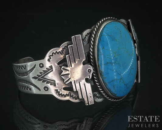 Vintage Sterling Navajo Natural Turquoise Storytelling Cuff Bracelet 39g i18011