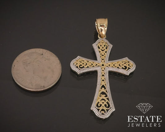 Vintage 14k Yellow & White Gold Filigree Ladies Cross Pendant 2.1g i17961b