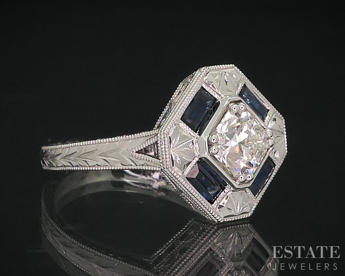 Art Deco 14k White Gold Natural .73ct Diamond & Sapphire Halo Ring 4.5g i14938
