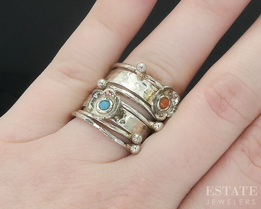 Vintage Sterling Turquoise & Coral Southwestern Stacked Band Ring 9.6g i18169