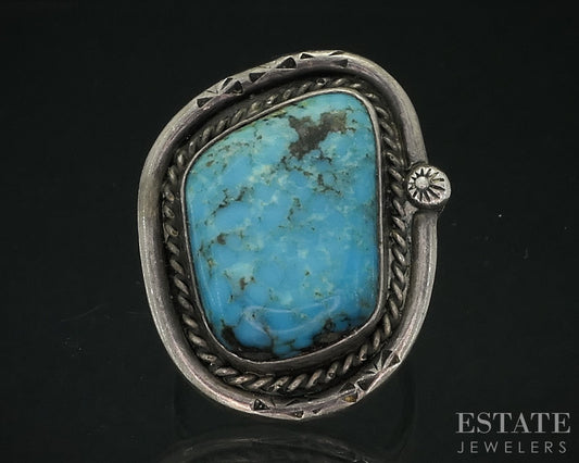 Vintage Sterling Prince Trading Co. Natural Turquoise Navajo Ring 8.9g i18167