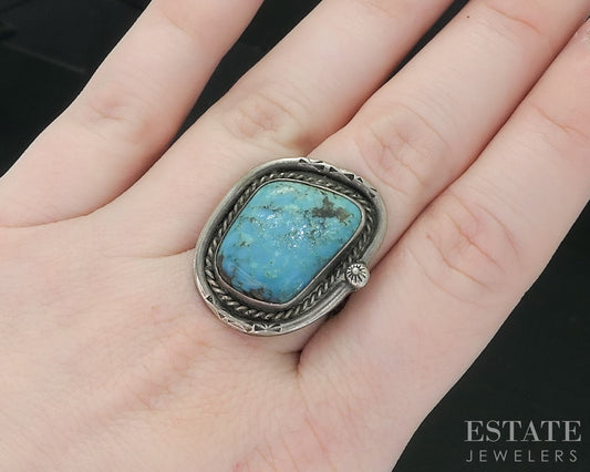 Vintage Sterling Prince Trading Co. Natural Turquoise Navajo Ring 8.9g i18167