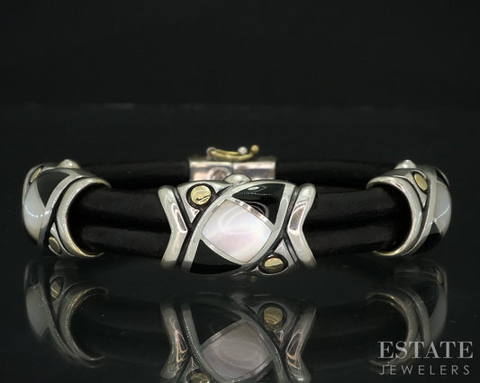 18K & Sterling Eric Grossbardt Onyx MOP Inlay Leather Bracelet 26.4g i18159