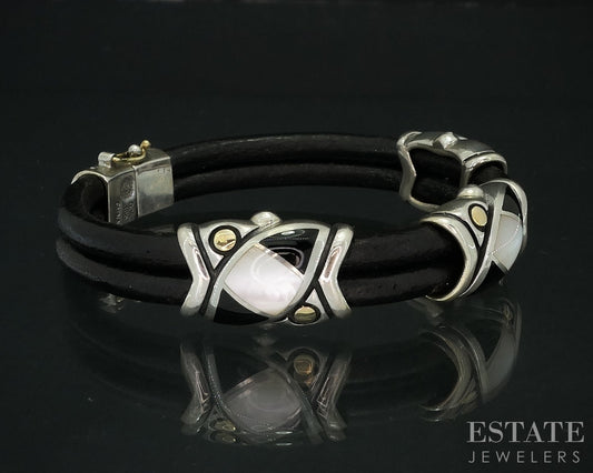 18K & Sterling Eric Grossbardt Onyx MOP Inlay Leather Bracelet 26.4g i18159