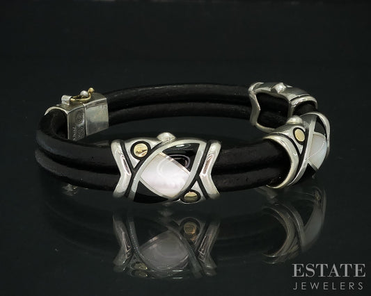 18K & Sterling Eric Grossbardt Onyx MOP Inlay Leather Bracelet 26.4g i18159