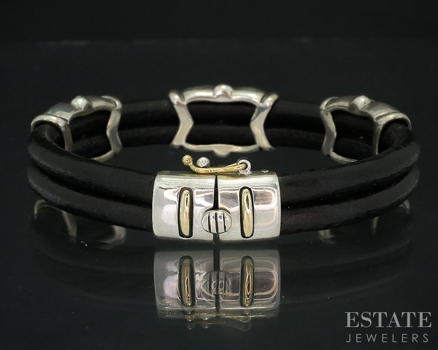 18K & Sterling Eric Grossbardt Onyx MOP Inlay Leather Bracelet 26.4g i18159