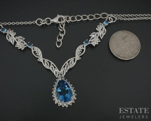 Sterling Silver Natural Blue & White Topaz Ladies Lariat Necklace 10.1g i18151