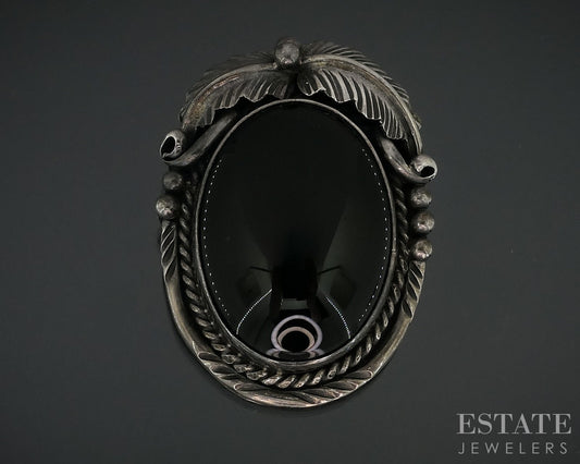 Vintage Sterling Marvin Slim Natural Black Onyx Navajo Pin Brooch 18.5g i18150