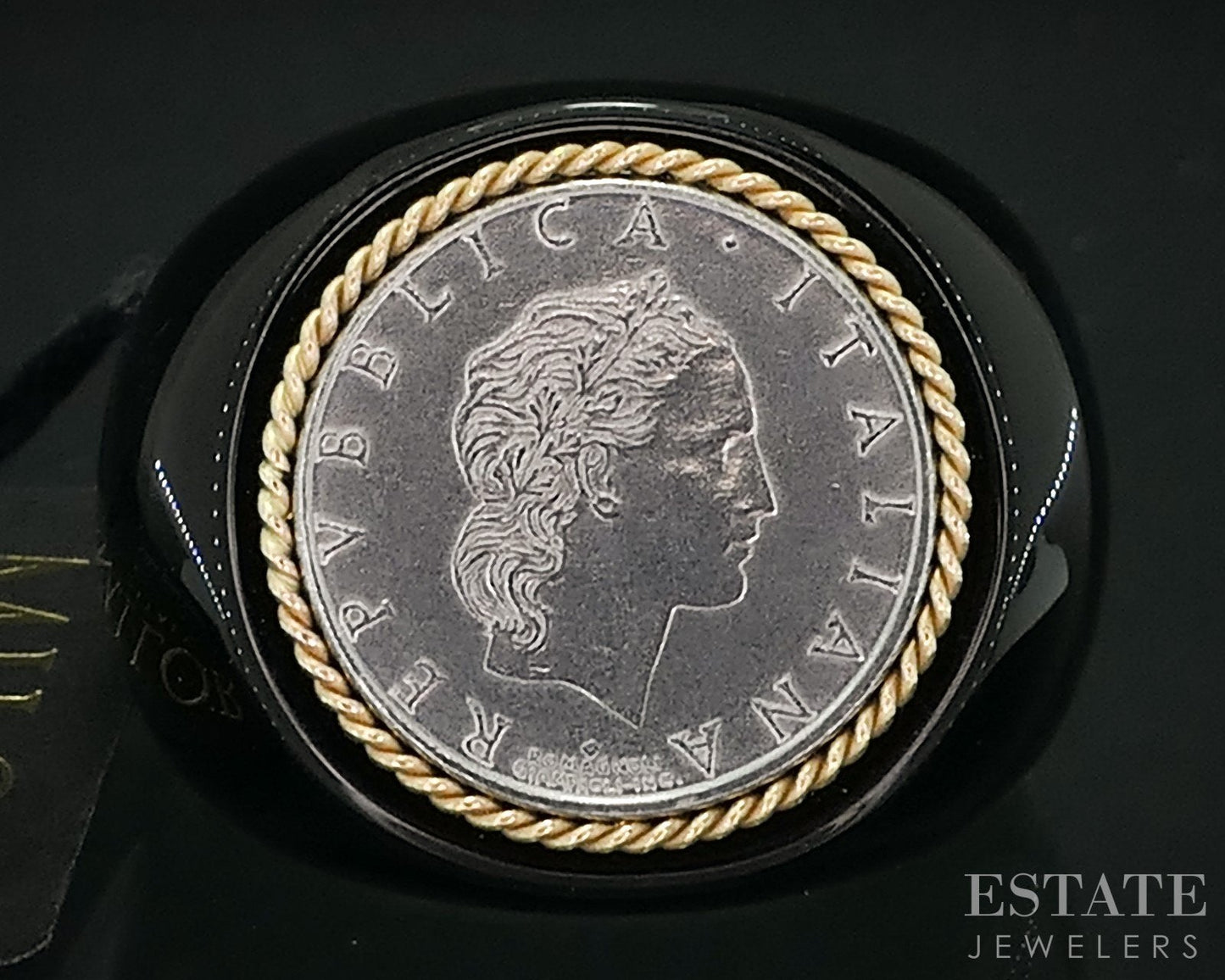 14k Yellow Gold Black Onyx Italiana Repvbblica Lira Coin Ring 16.4g i18148