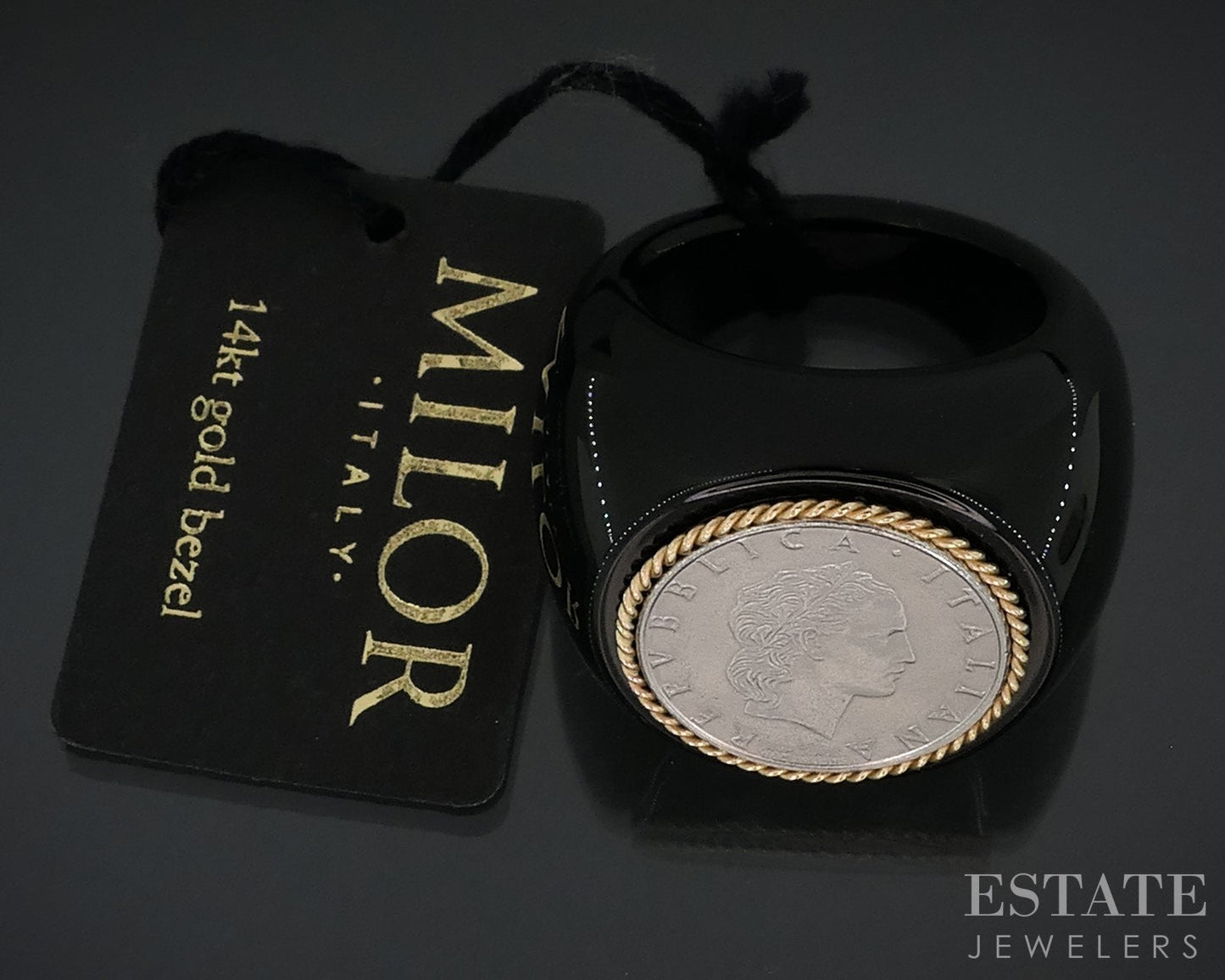 14k Yellow Gold Black Onyx Italiana Repvbblica Lira Coin Ring 16.4g i18148