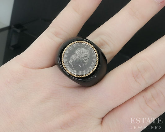 14k Yellow Gold Black Onyx Italiana Repvbblica Lira Coin Ring 16.4g i18148