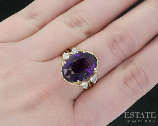 14k Yellow Gold Oval Natural Amethyst & Diamond Ladies Ring 7.1g i18116