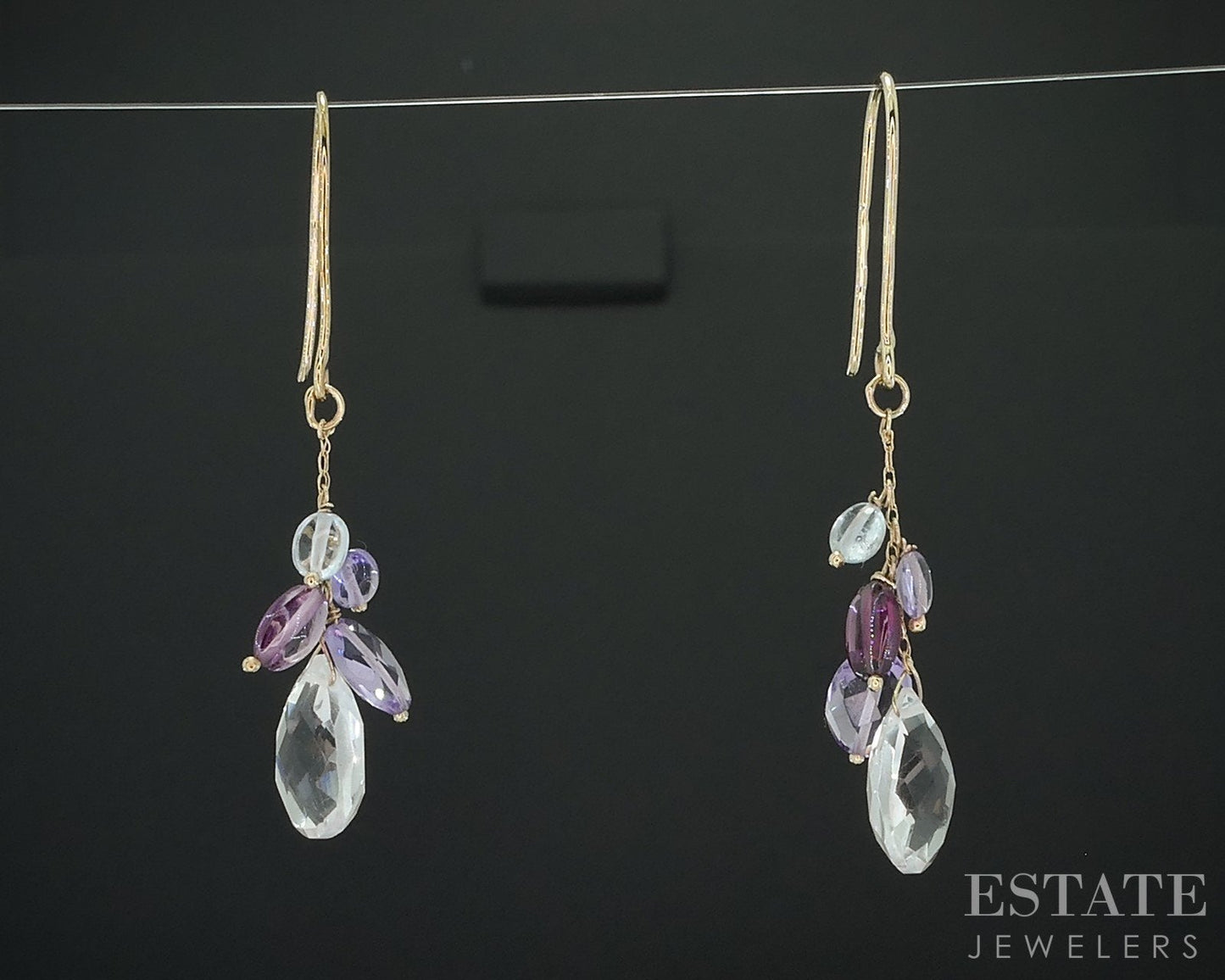 10k Yellow Gold Natural Multi Colored Quartz Dangle Ladies Earrings 2.3g i18112