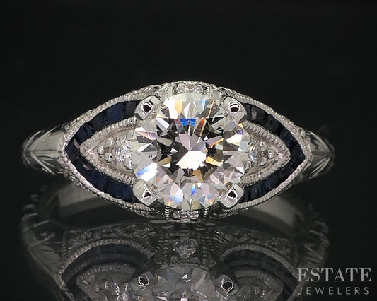 Art Deco 14k White Gold GIA Natural 1.01ct Diamond & Sapphire Ring 3.8g i14939