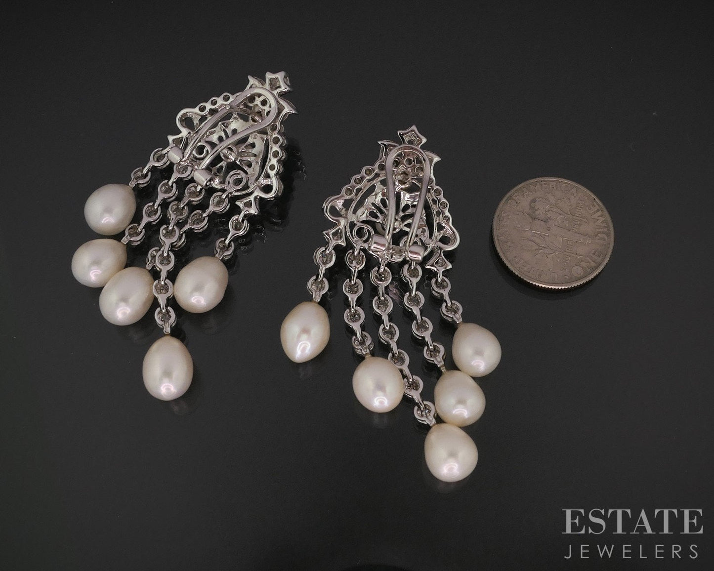 18k White Gold Cultured Pearl & 1ctw Diamond Chandelier Earrings 18.9g i18144