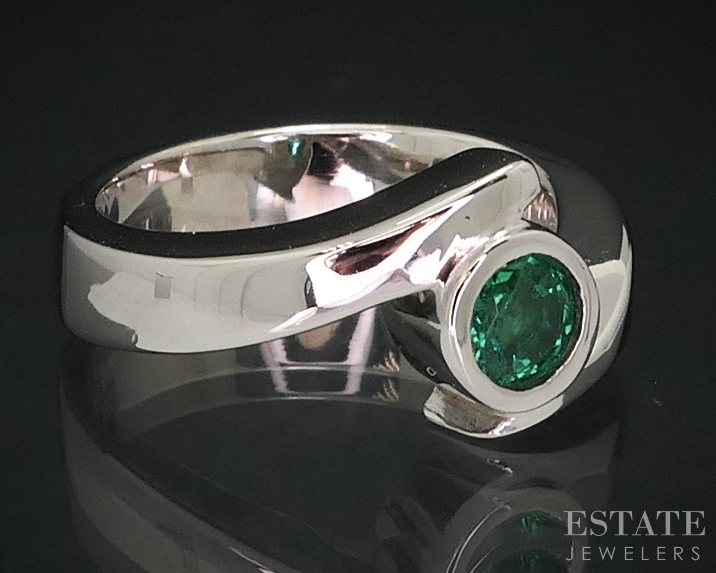 14k White Gold Round Natural Emerald Bypass Ladies Band Ring 9.2g i18139