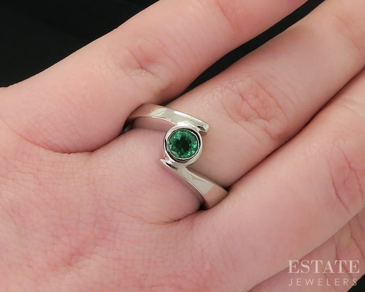 14k White Gold Round Natural Emerald Bypass Ladies Band Ring 9.2g i18139