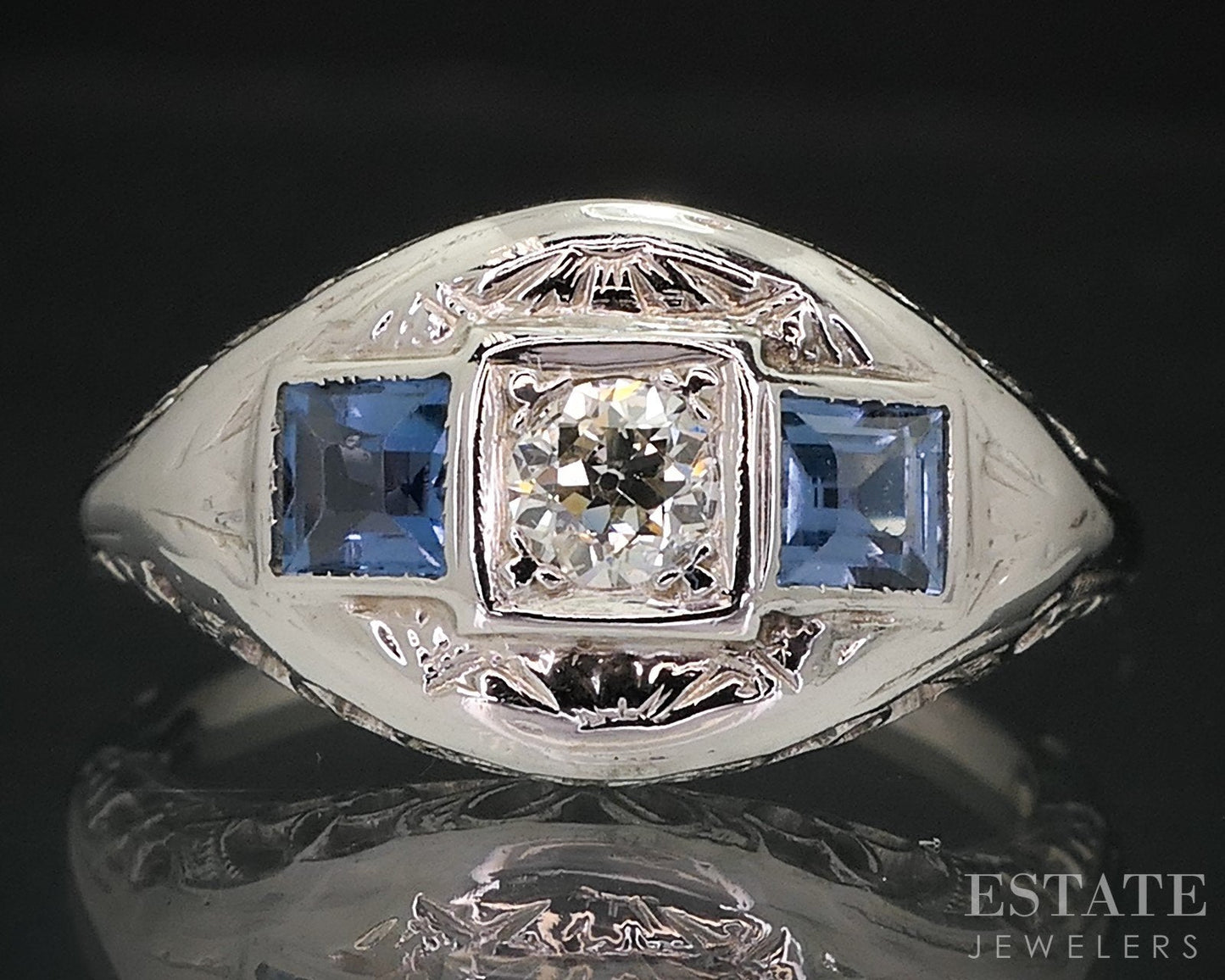 Antique Art Deco 18k White Gold Diamond & Sapphire Filigree Ring 3g i18141